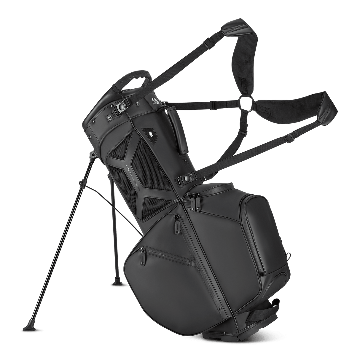 Schwarze Big Max Dri Lite Hybrid Prime Golf Stand- und Carttasche mit stabilen Ständern und mehreren Reißverschlusstaschen.