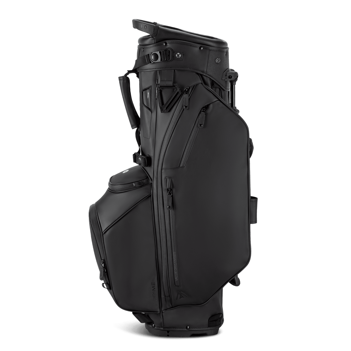Schwarzes Big Max Dri Lite Hybrid Prime Golfstandbag mit mehreren Reißverschlussfächern und Tragegriff.