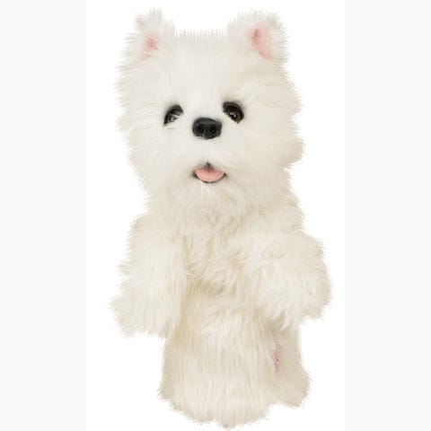Weiße kuschelige Schlägerhaube in Form eines West Highland Terriers mit schwarzen Augen und schwarzer Nase.
