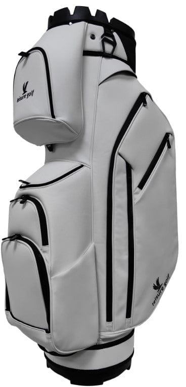 Graues PU-Leisure Luxury Cartbag mit mehreren verschließbaren Taschen und schwarzer Akzentlinie.