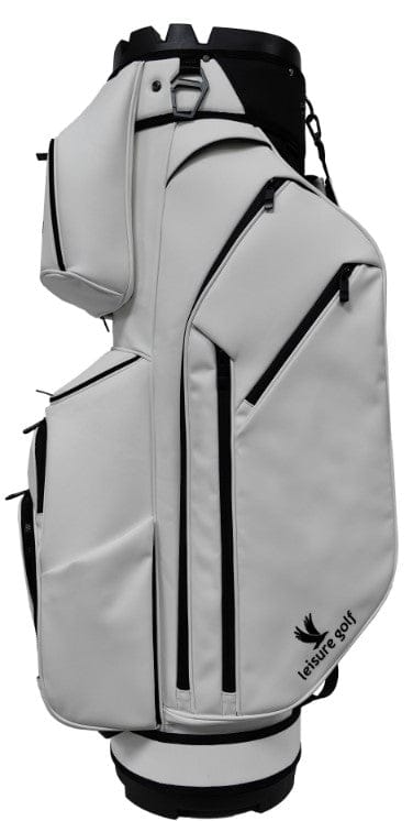 Grau-schwarzes Golf-Cartbag aus PU mit mehreren Taschen und Reißverschlüssen, modernes Design.