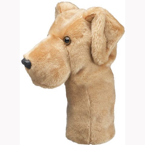 Golf-Schlägerhaube in Form eines gelben Labradorhund-Kopfes aus weichem Plüschmaterial.