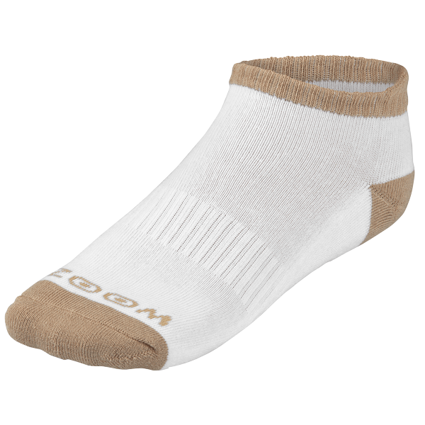 Weiß-beige kurze Sportsocken mit elastischem Bündchen und verstärkter Spitze, Zoom-Logo am Fuß.