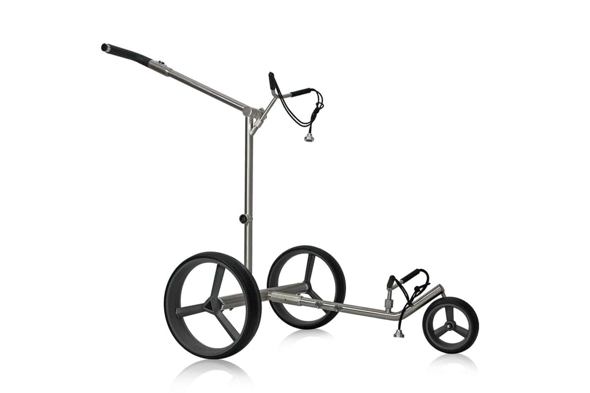 PG-Powergolf SteelCad Zorro Elektrotrolley mit drei schwarzen Rädern und verstellbarem Griff in Titan-Grau.