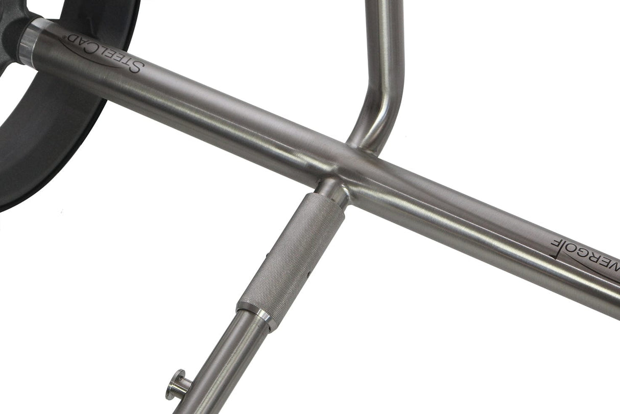 Edelstahlrahmen und Verbindungsrohr mit Klickmechanismus in Titan-Grau.