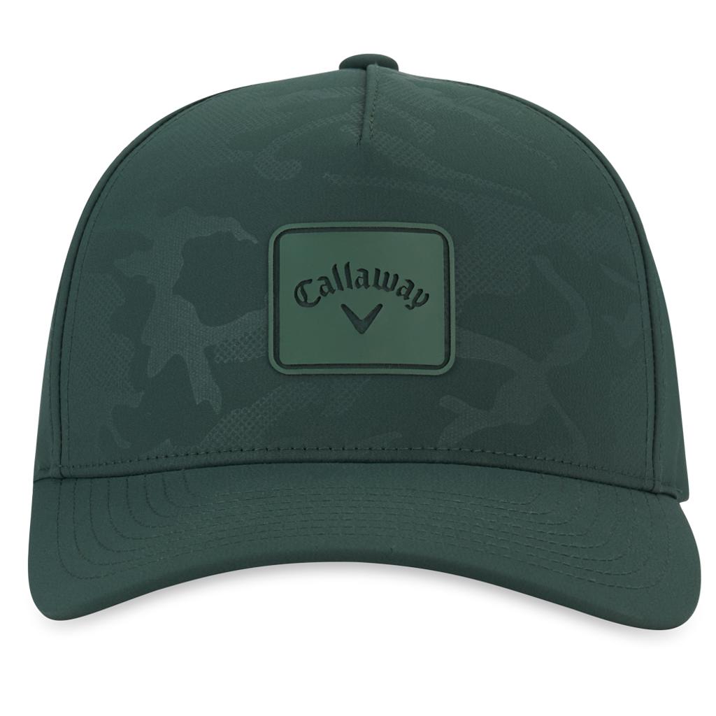 Dunkelgrüne Golfkappe mit Camouflage-Muster und grünem Callaway-Logo-Patch vorne.
