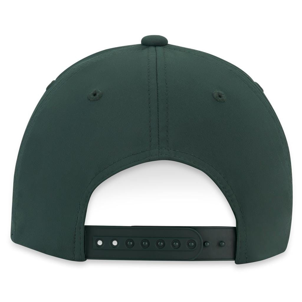 Dunkelgrüne verstellbare Golfcap mit Schnappverschluss und Belüftungsösen hinten.