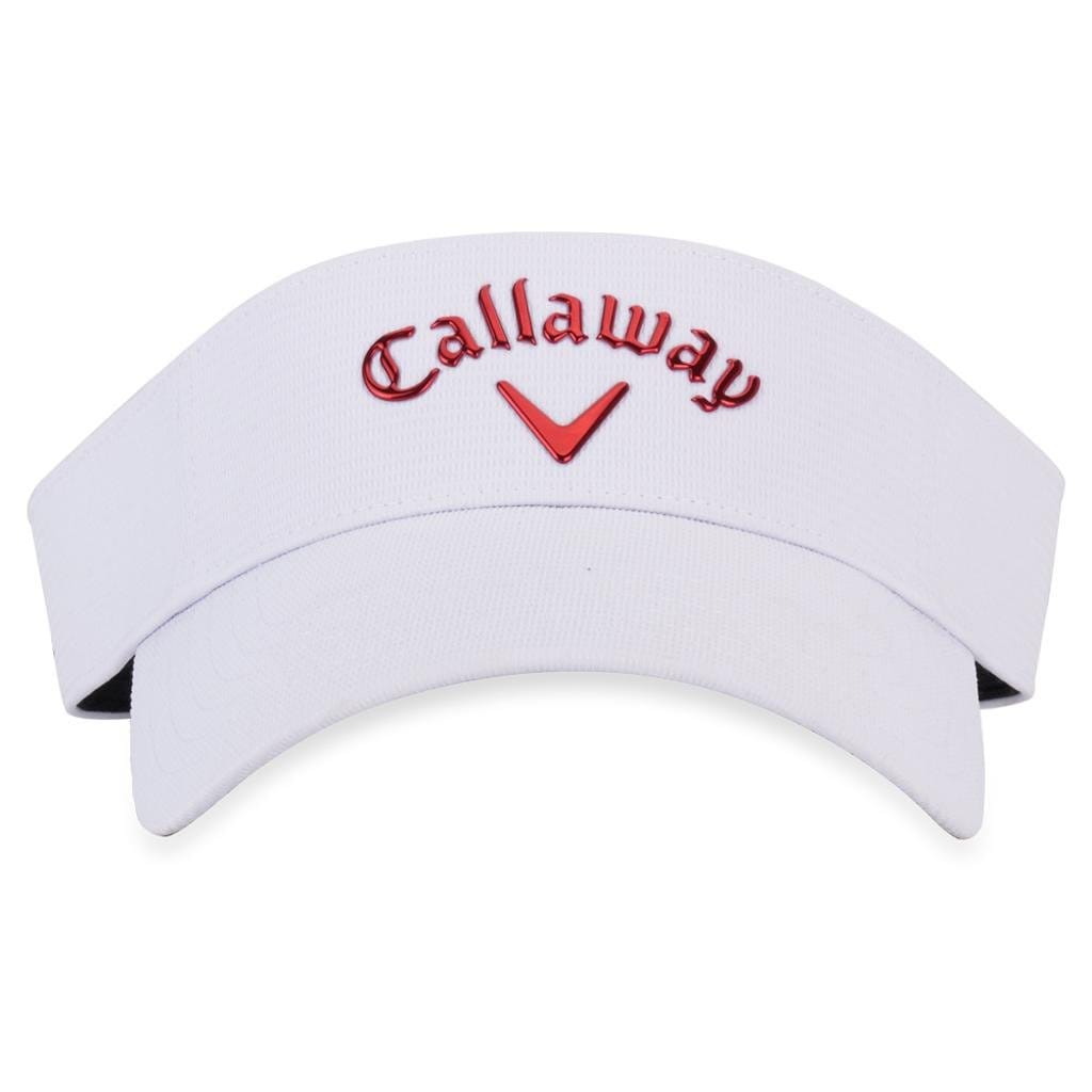 Weißes Callaway Golf-Visier mit rotem Logo und verstellbarem schwarzem Verschluss.