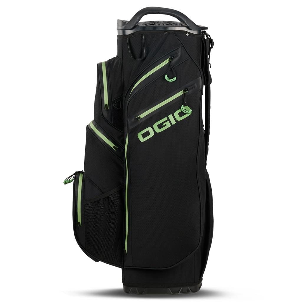 Schwarzes OGIO All Elements Silencer Cartbag mit neon-grünen Akzenten und mehreren Reißverschlusstaschen.