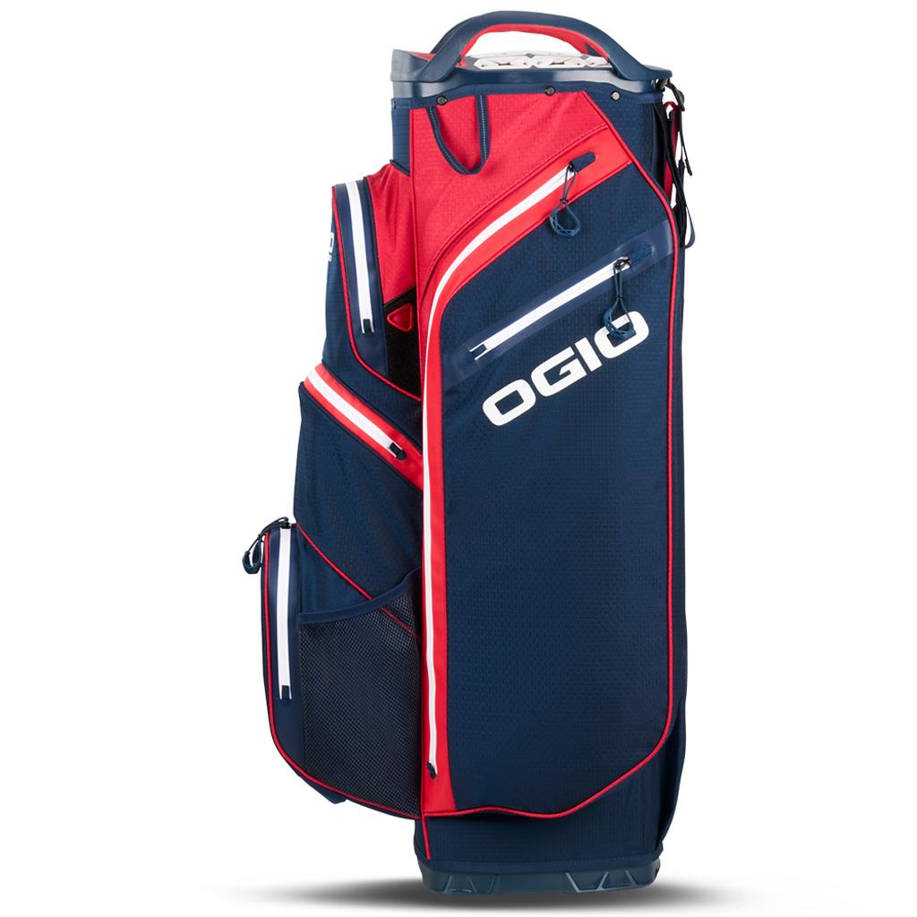 Blaues OGIO All Elements Silencer Golf-Cartbag mit roten Akzenten und großen weißen Logos, mehrere Reißverschlusstaschen.