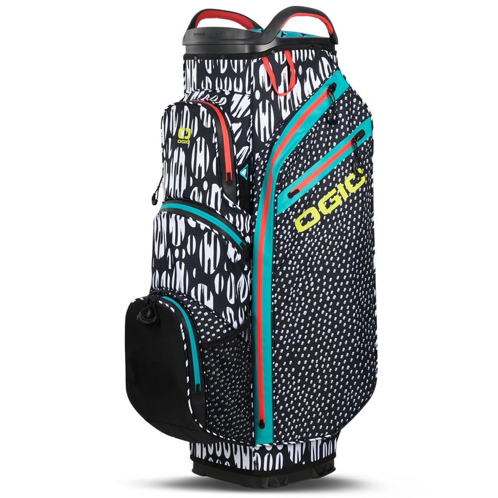 Golf-Cartbag OGIO All Elements Silencer mit schwarzem und weißem Tropfenmuster, blau-türkisen Akzenten und gelbem Logo.