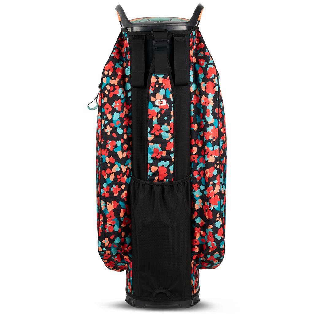 Schwarzes OGIO Golfcartbag mit buntem Blumenmuster, gepolsterte Tragegurte und mehrere Taschen.