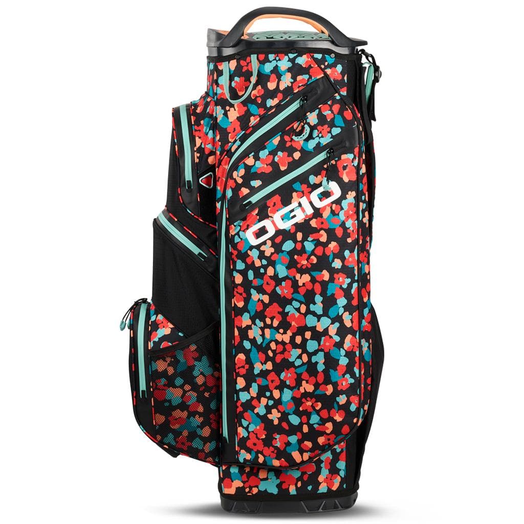 Schwarzes OGIO All Elements Silencer Cart Bag mit buntem Blumenmuster und mehreren Reißverschlusstaschen.