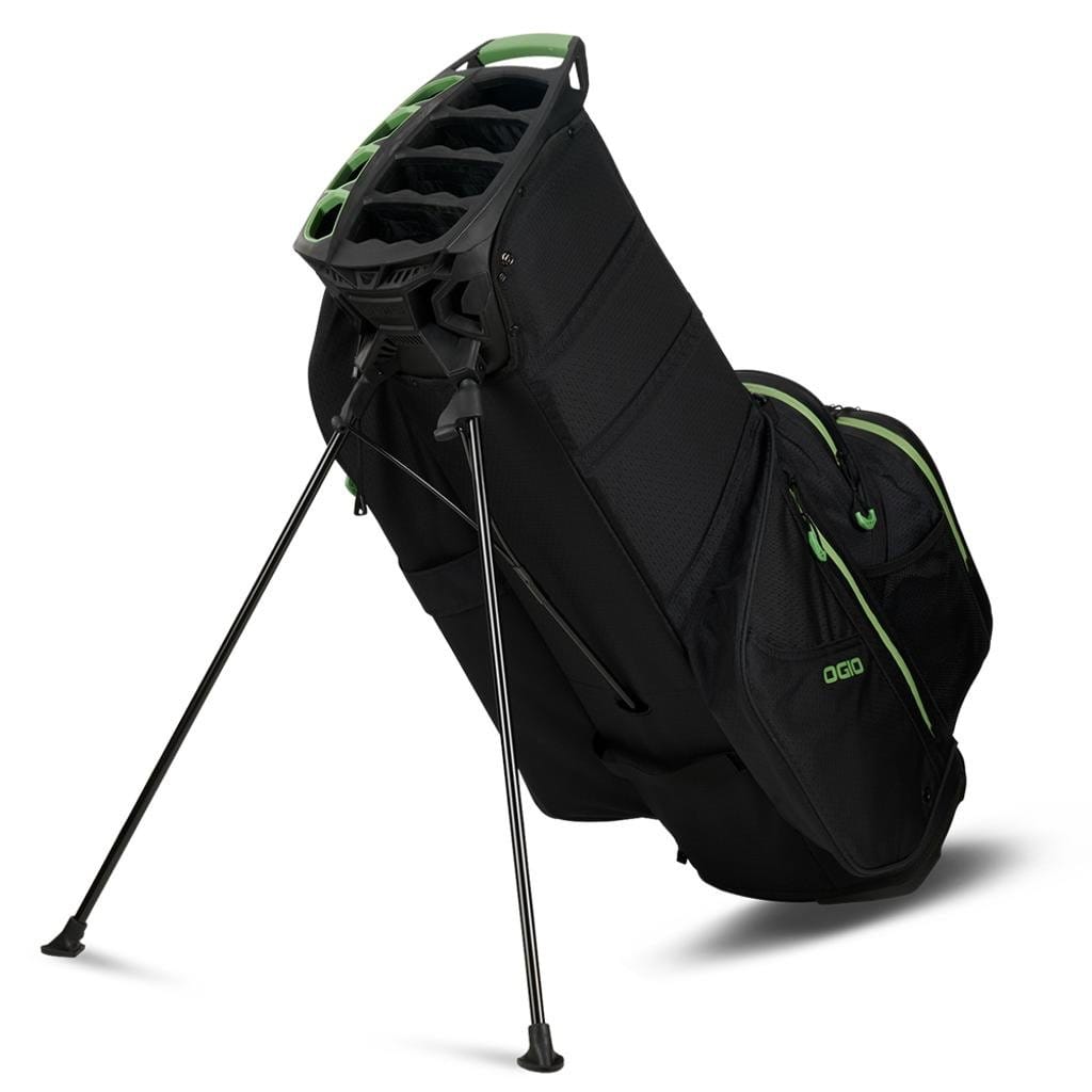 Schwarzes OGIO All Elements Stand Golfbag mit grün akzentuierten Reißverschlüssen und doppeltem Standgestell.