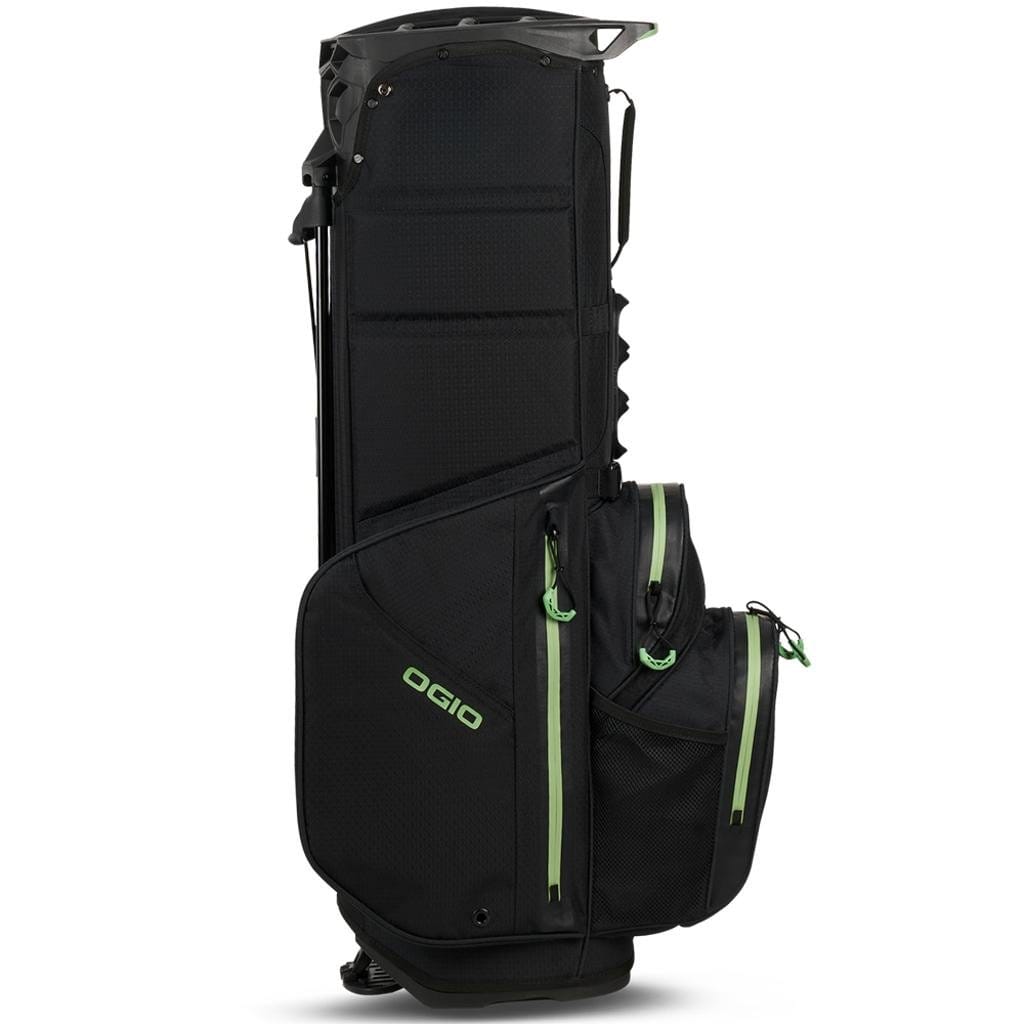 Schwarzer OGIO Golf-Standbag mit grünem Reißverschluss und Logo, mehreren Taschen und Tragegriff.
