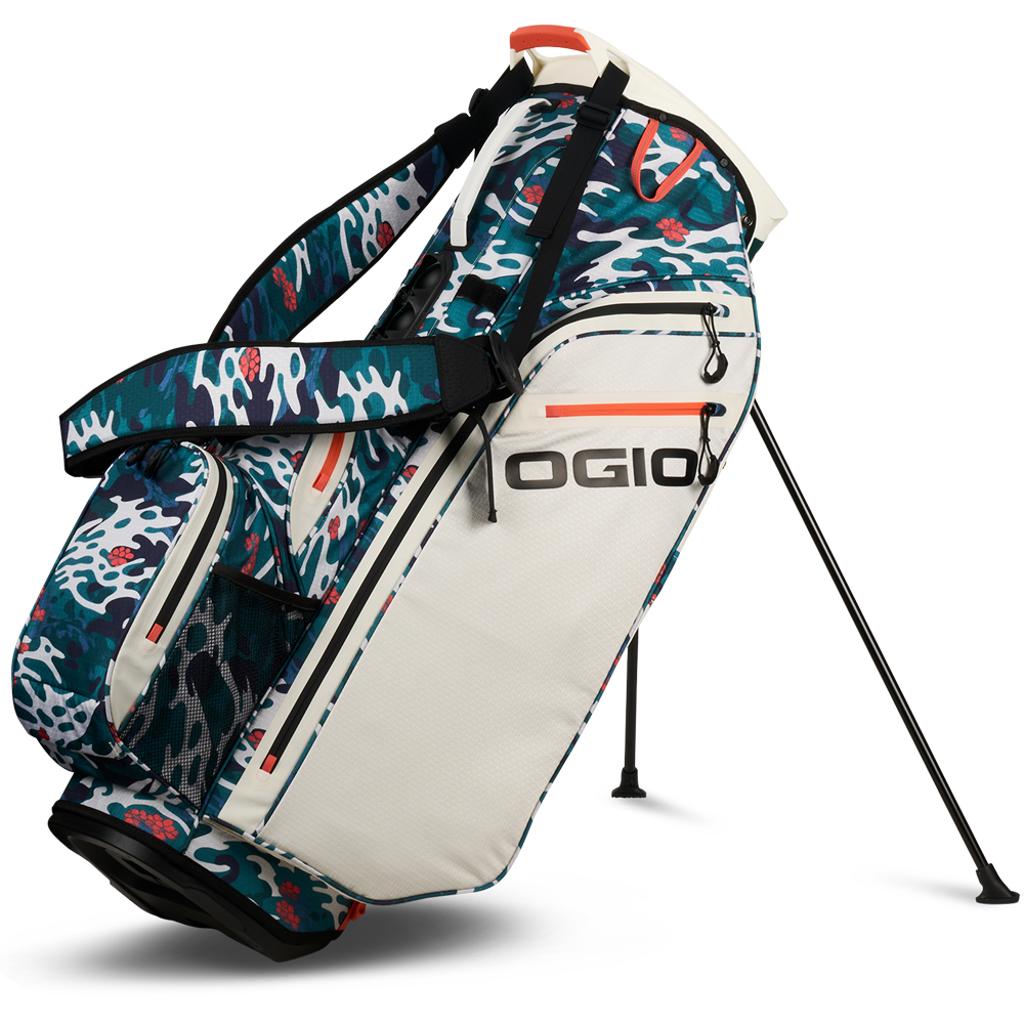 OGIO All Elements Stand Golfbag in Wave Camo mit Weiß und Rot, stabiler Stand und Tragegurt.