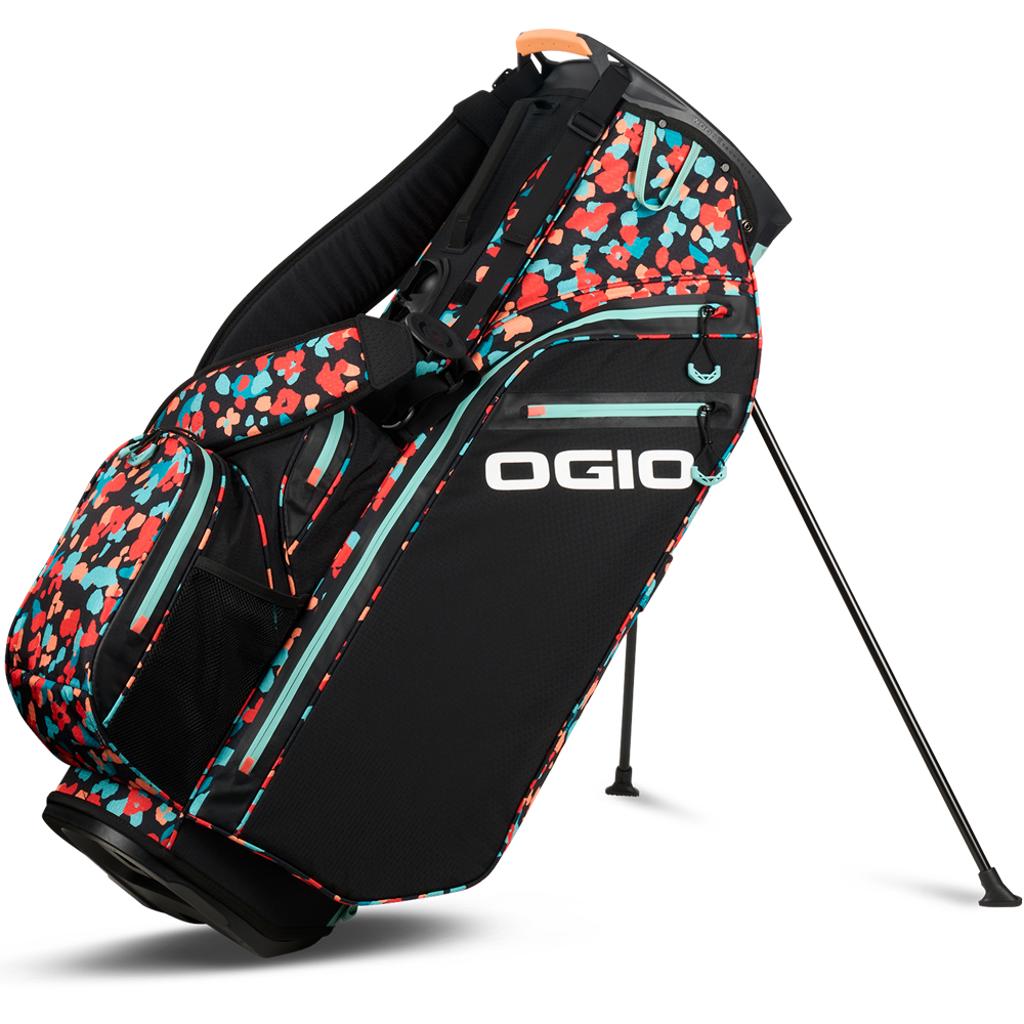 Schwarze Golfstandtasche mit buntem Konfetti-Muster und weißen OGIO-Logos.