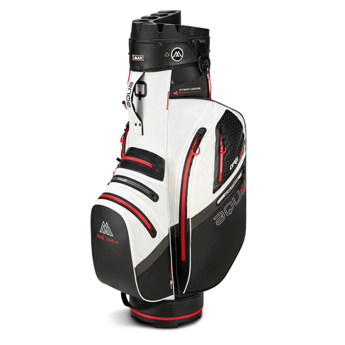 Weißes Big Max Aqua Silencio 4 Golf-Cartbag mit schwarzen und roten Details, mehreren Reißverschlusstaschen und.