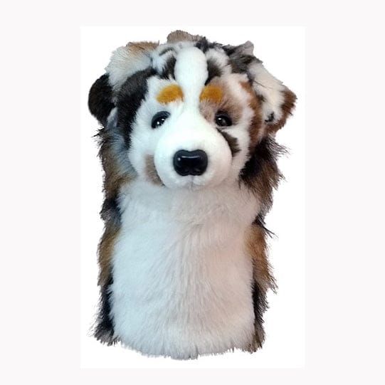 Weicher Golf-Schlägerhaubenbezug in Form eines Australian Shepherd Hundekopfes mit schwarz-weiß-braunem Fell.