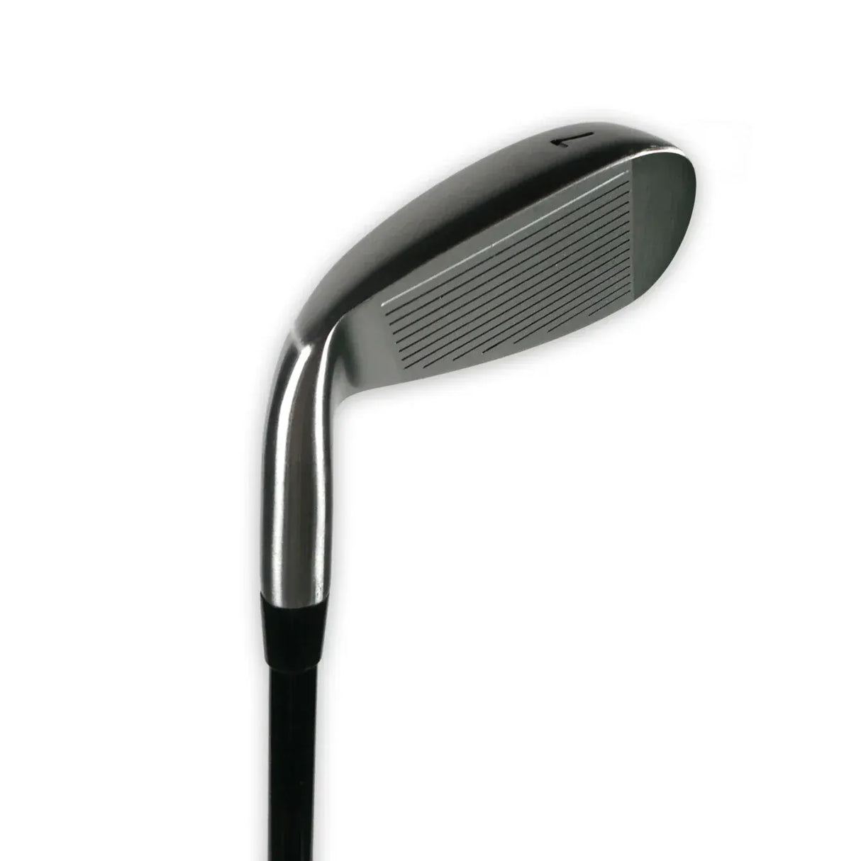 Golf Eisen mit silbernem Metallkopf und schwarzem Schaft, nah aufgenommen.