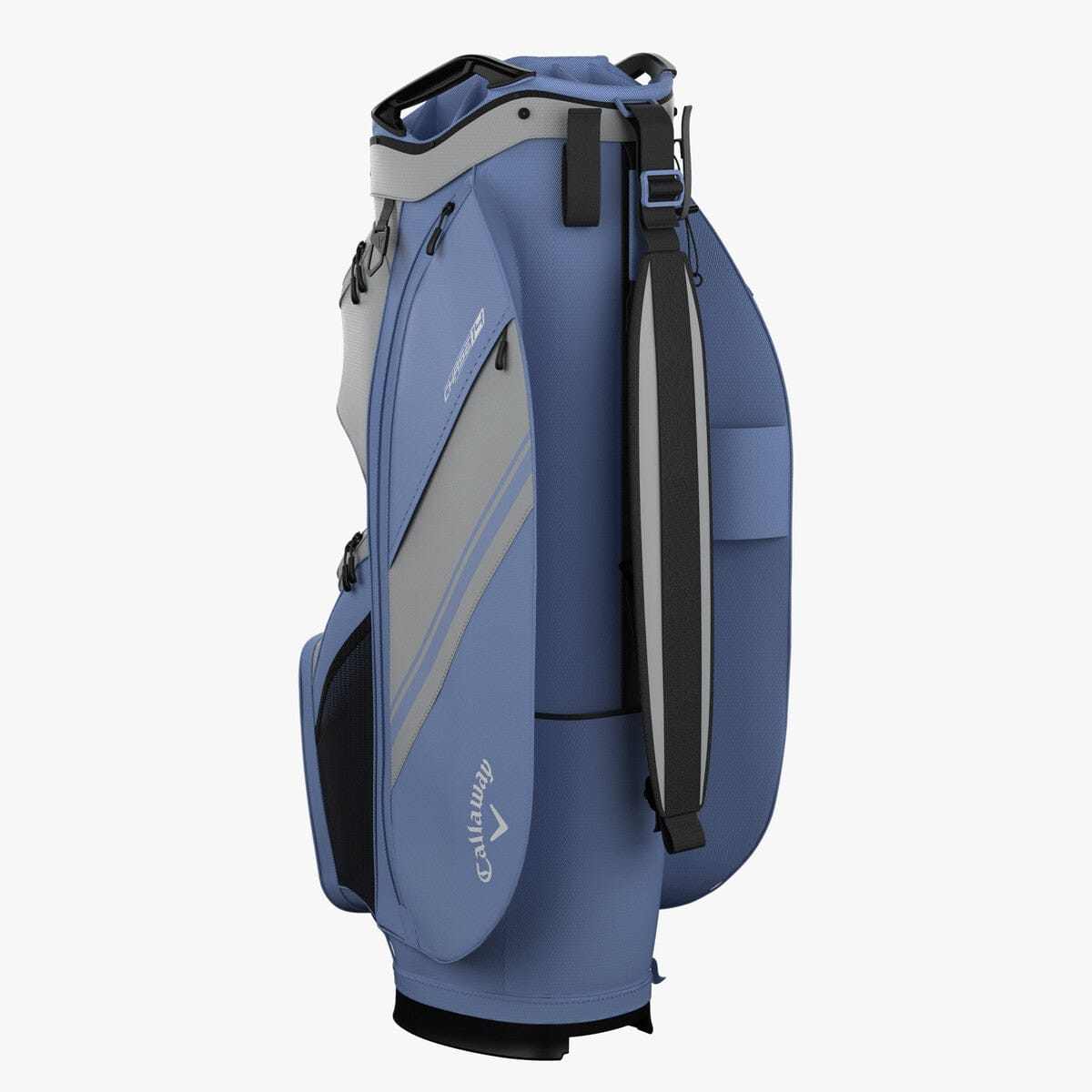 Marineblaues Callaway Chase 14 Cart Bag mit grauen Akzenten und mehreren Seitentaschen.