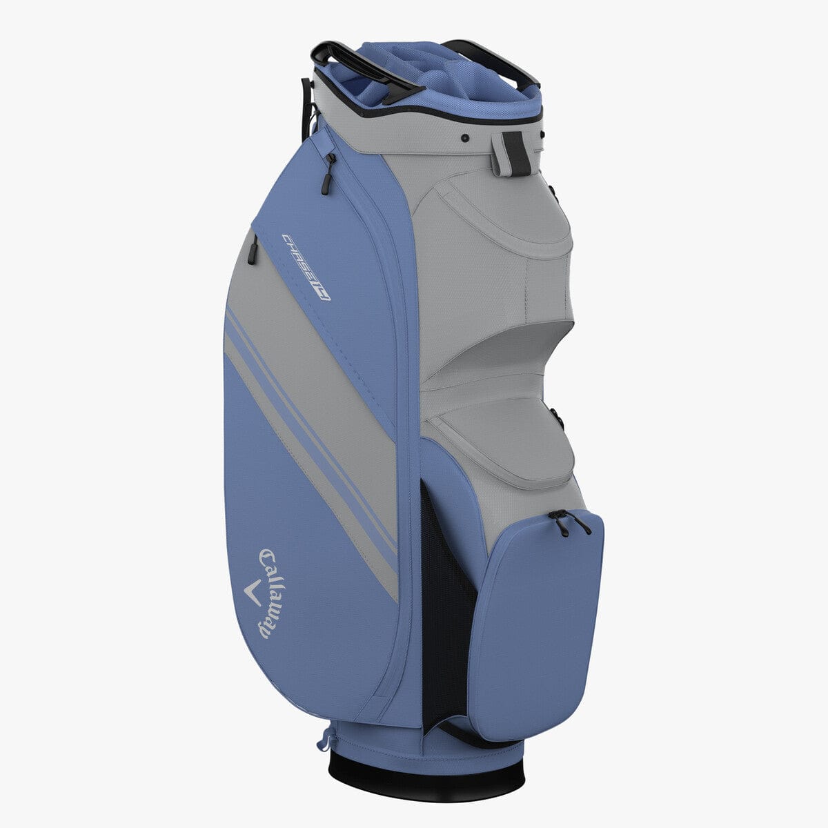 Blau-graues Callaway Chase 14 Cart Bag mit mehreren Taschen und stabilem Standring.
