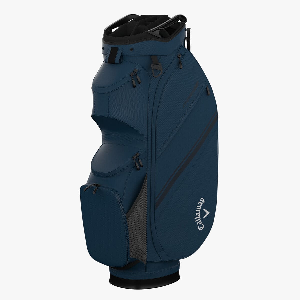 Marineblaues Callaway Chase 14 Cart Bag Golfbag mit mehreren Reißverschlussfächern und Logo.