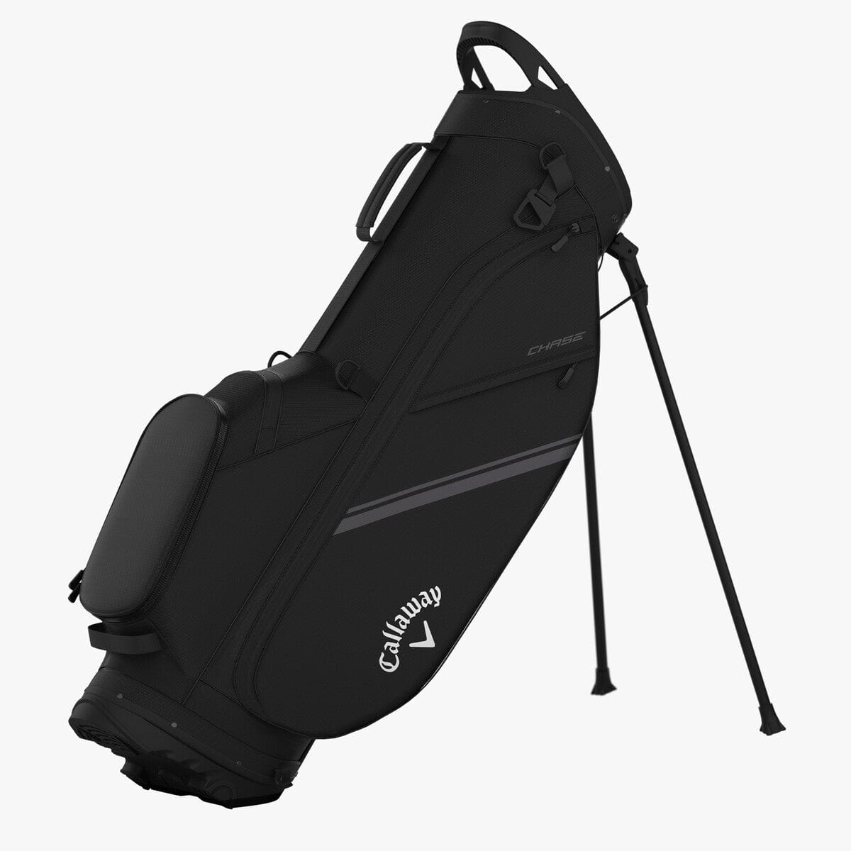 Schwarzer Callaway Chase Stand Golfbag mit stabilen Standbeinen und mehreren Taschen.