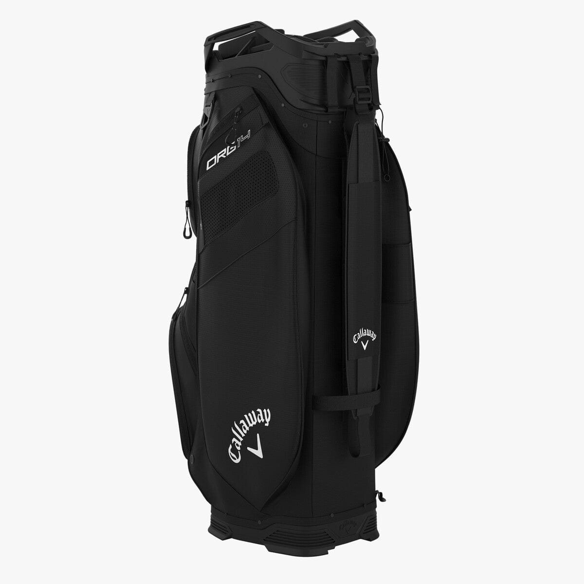 Schwarzes Callaway ORG 14 Cart Bag mit mehreren Reißverschlusstaschen und Logostickerei.