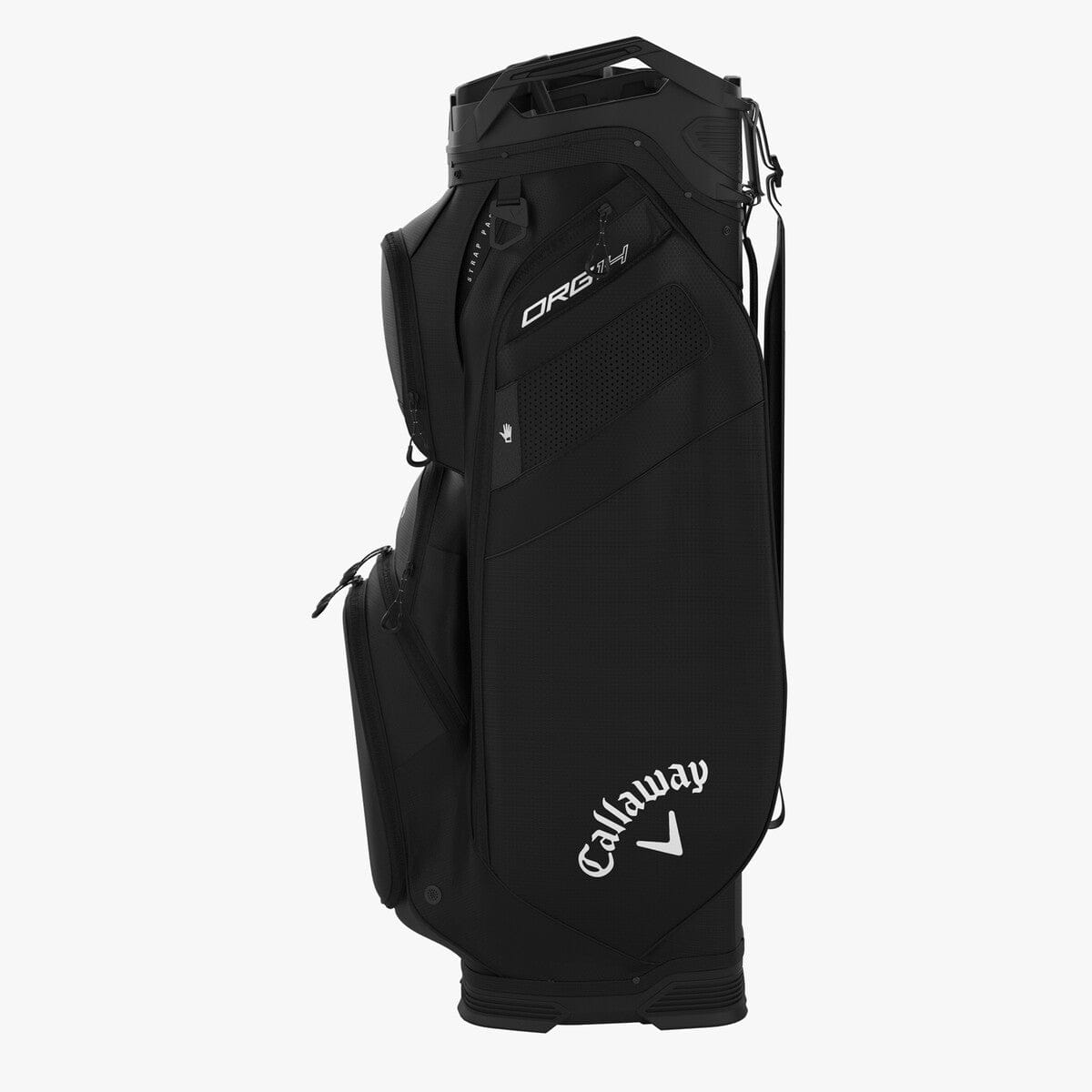 Schwarzes Callaway ORG 14 Cart Golfbag mit mehreren Taschen und weißem Logo.