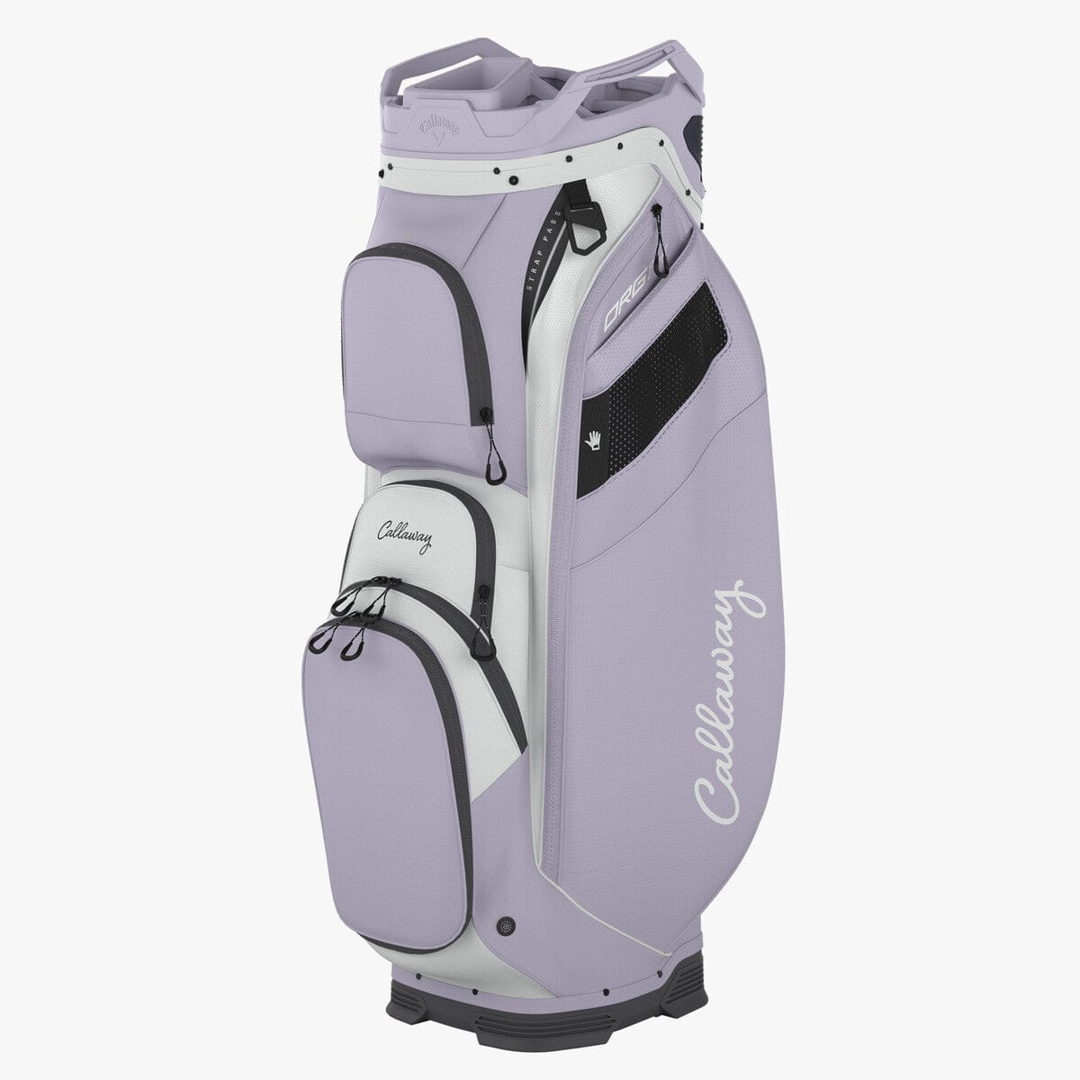Lila Callaway ORG 14 Cart Bag mit mehreren Taschen und weißem Logo auf der Seite.