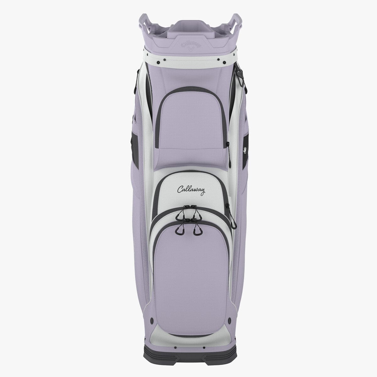 Callaway ORG 14 Cart Bag in silber-lila mit mehreren Reißverschlusstaschen und schwarzem Boden.