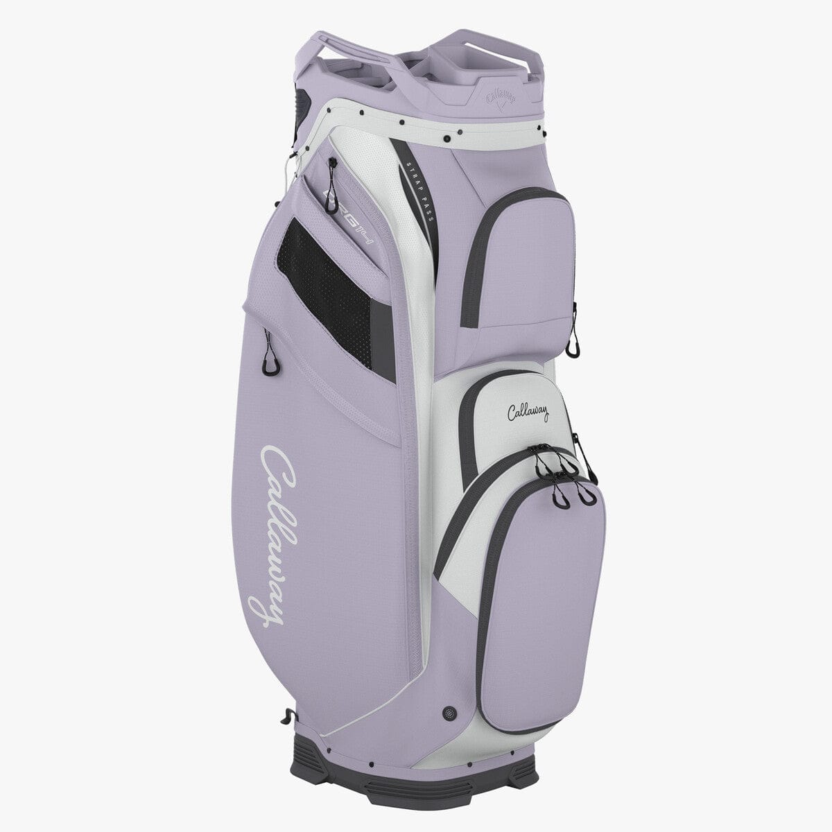 Golf Cartbag in silver-orchid petal mit mehreren Reißverschlusstaschen und Callaway-Logo in Weiß.