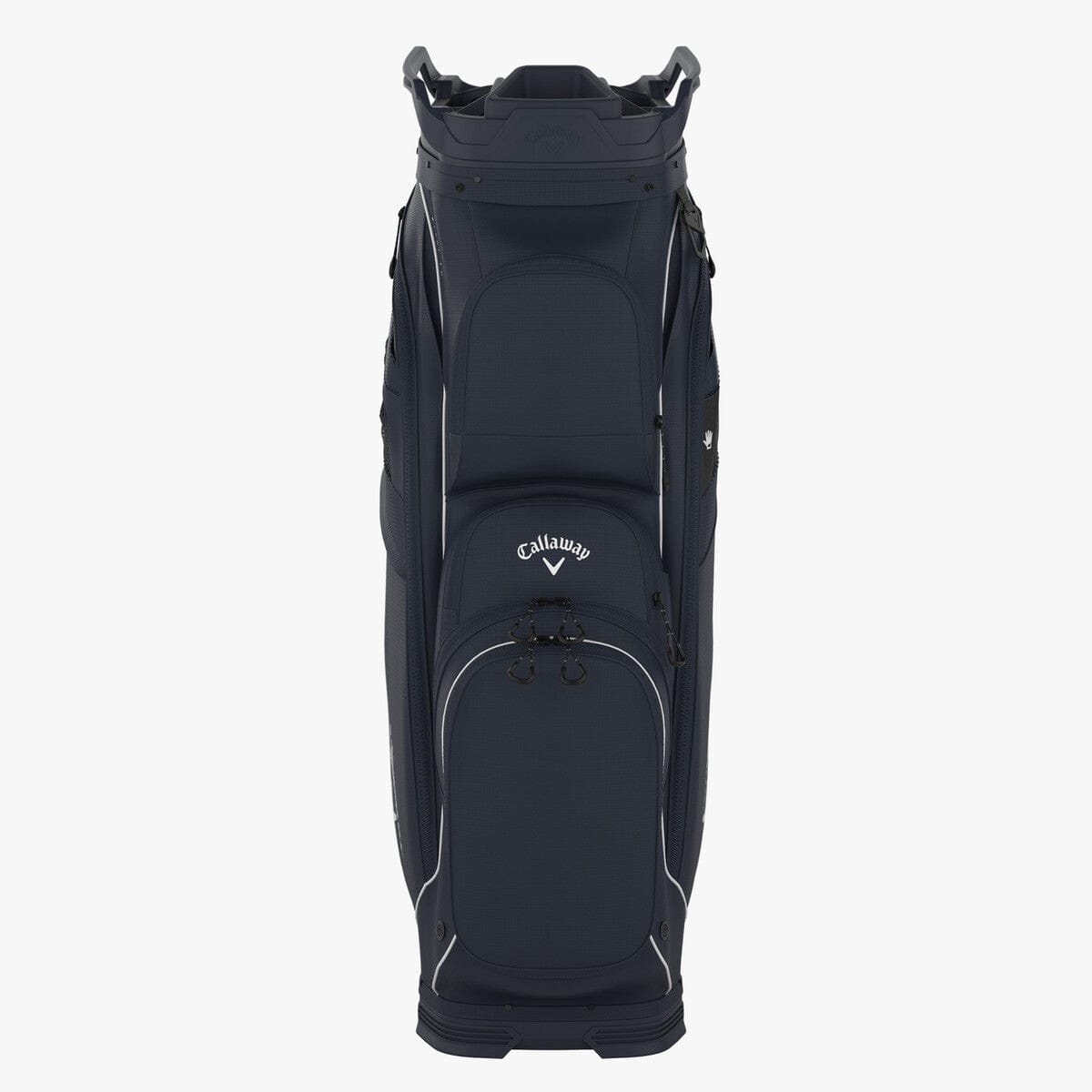 Marineblaues Callaway ORG 14 Cart Golfcartbag mit mehreren Taschen und Logo auf der Vorderseite.