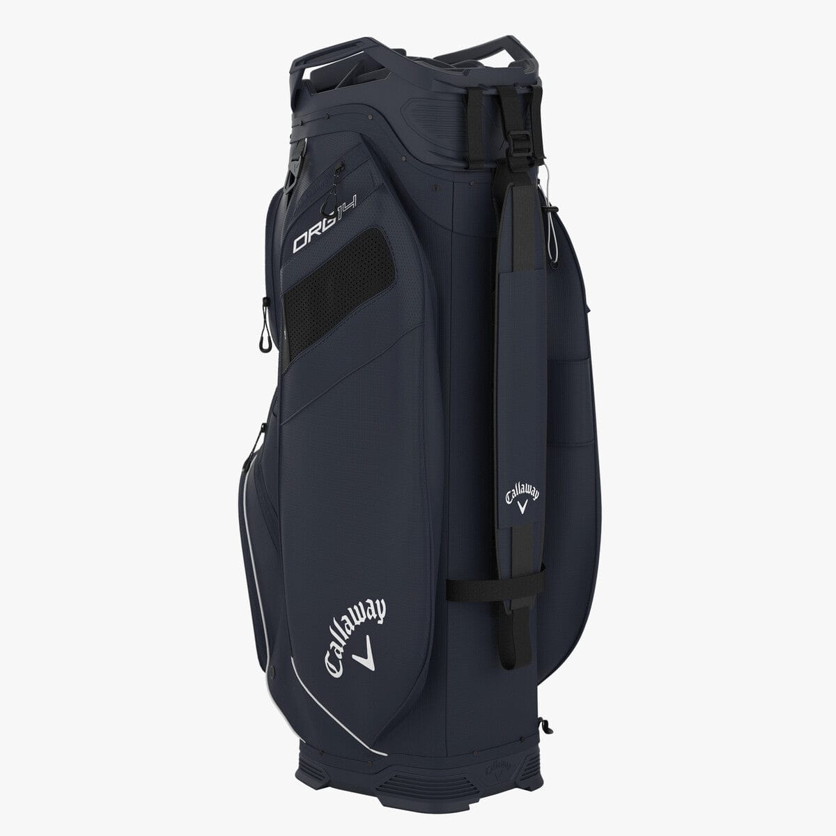 Schwarzes Callaway ORG 14 Cart Bag mit mehreren Taschen und weißen Logos.