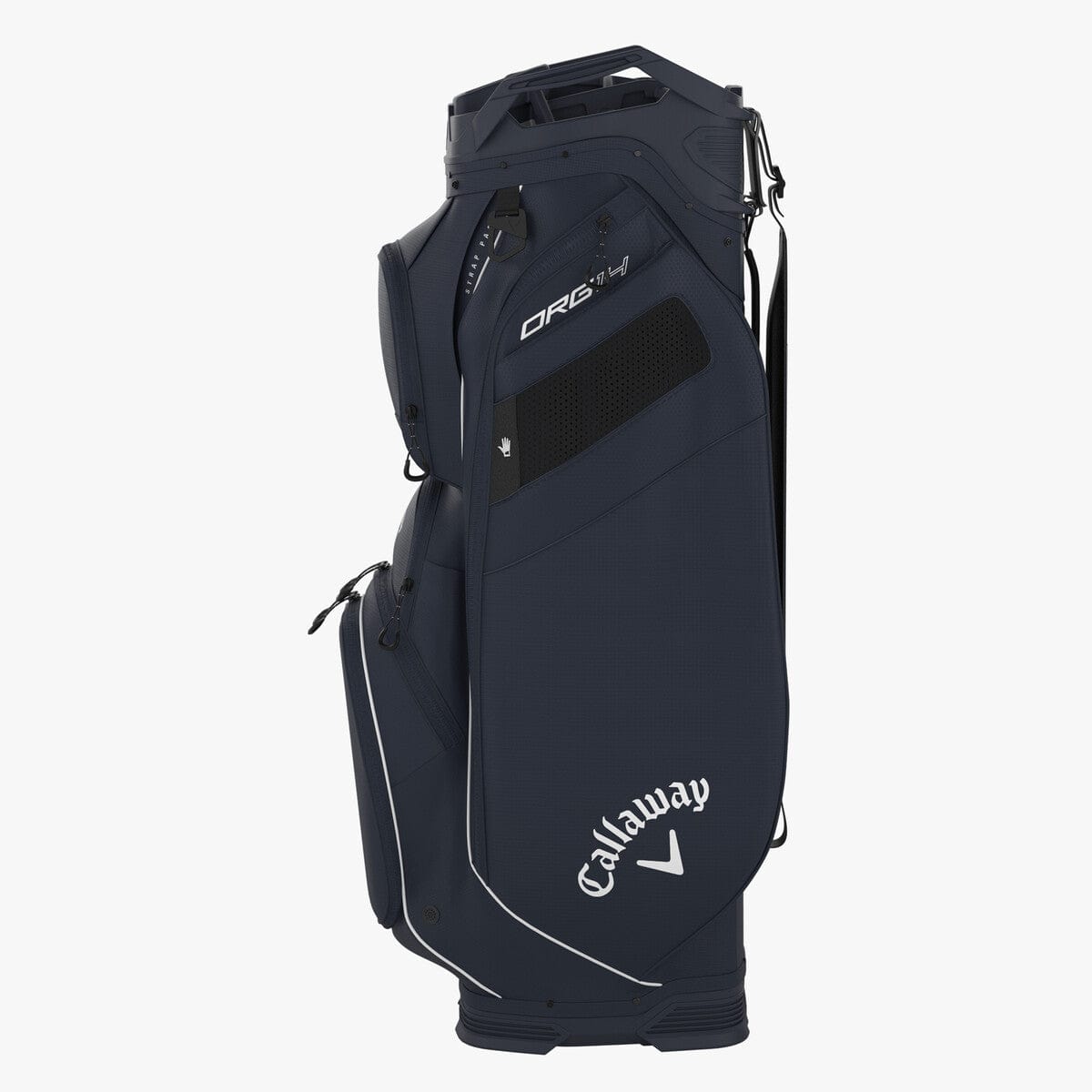 Marineblaues Callaway ORG 14 Cart Bag Golfbag mit mehreren Taschen und weißem Logo.