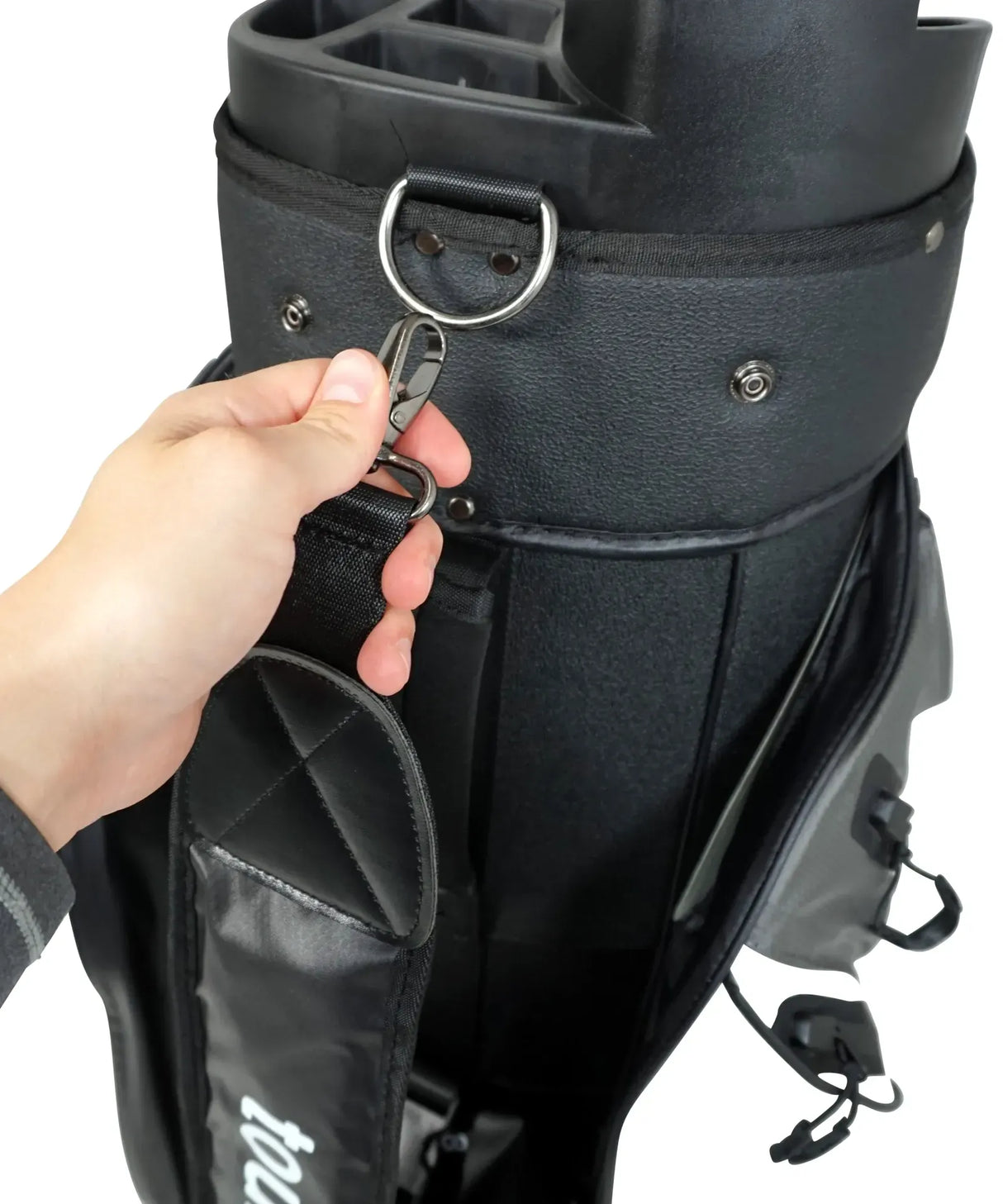 Schwarzes Haicaddy Deluxe Organizer Golfbag mit Magnettasche und praktischem Schlüsselanhänger.
