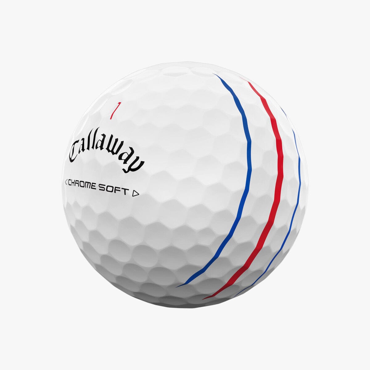 Weißer Callaway Chrome Soft Golfball mit roten und blauen Linien und strukturiertem Dimple-Design.