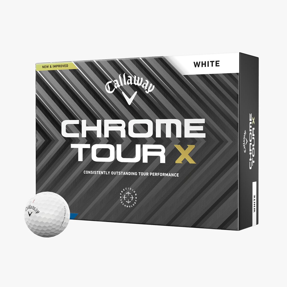 Callaway Chrome Tour X Golfbälle 12er-Pack weiße Golfbälle mit grauem Verpackungsdesign.