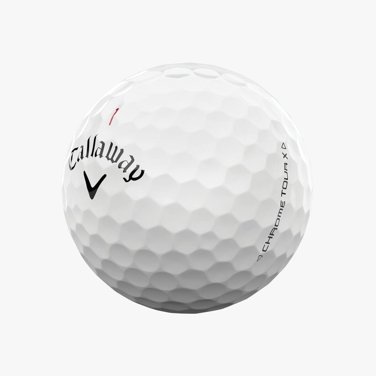 Weißer Callaway Chrome Tour X Golfball mit Dellenstruktur und schwarzem Logo.