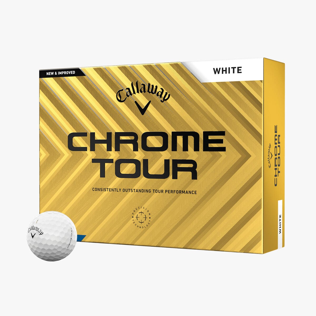12er-Pack Callaway Chrome Tour Golfbälle in weiß mit Gold-Verpackung.