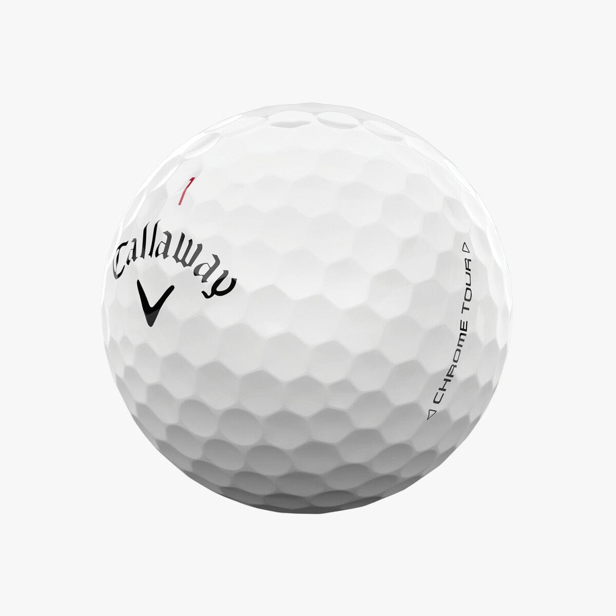 Weißer Callaway Chrome Tour 24 Golfball mit markanter Dimples-Struktur und schwarzem Logo.