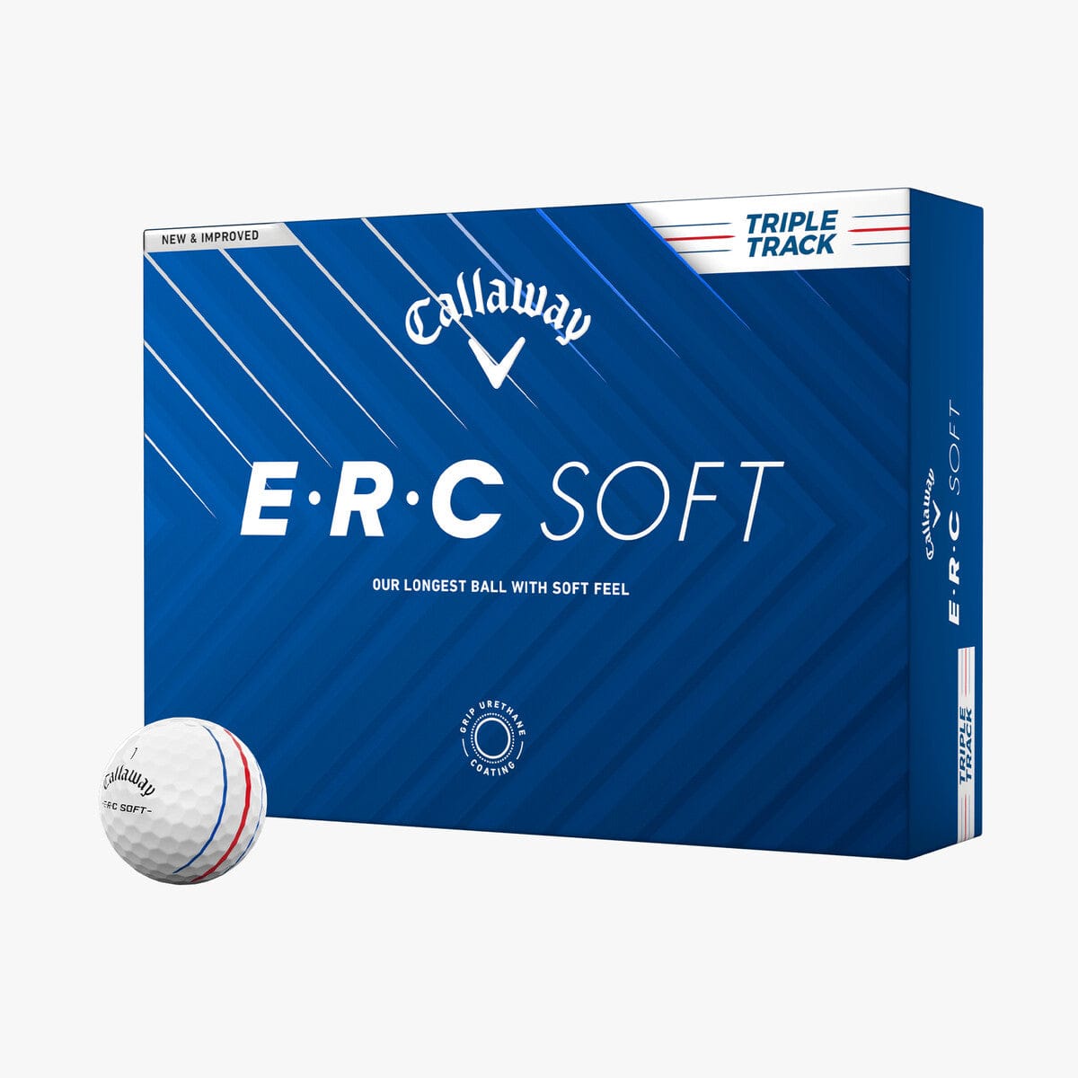 Callaway ERC Soft Triple Track Golfbälle 12er Pack weiße Bälle mit rotem und schwarzem Markierungsstreifen auf blauer.