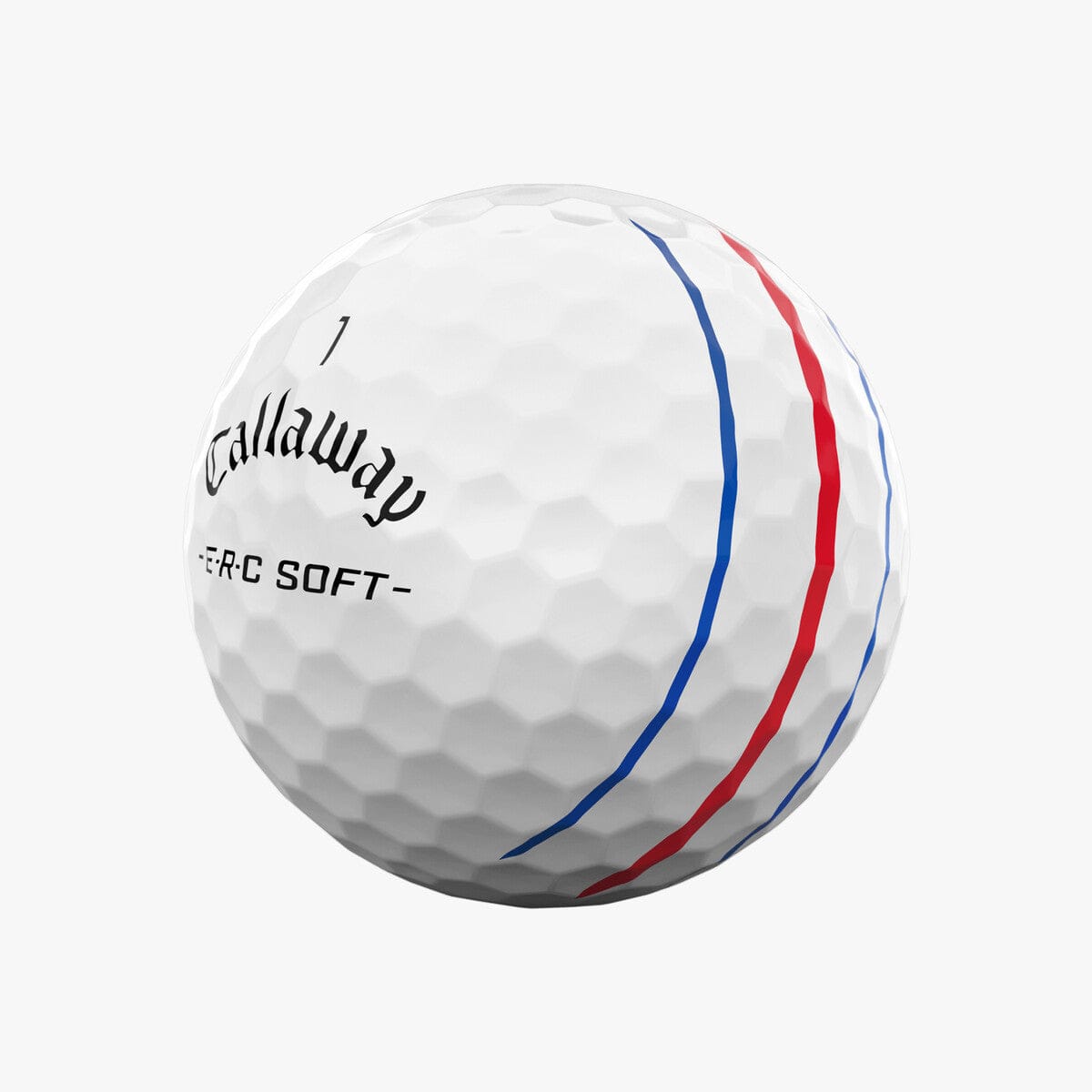 Weißer Callaway ERC Soft Golfball mit roten und blauen Triple Track Linien und Dellenstruktur.