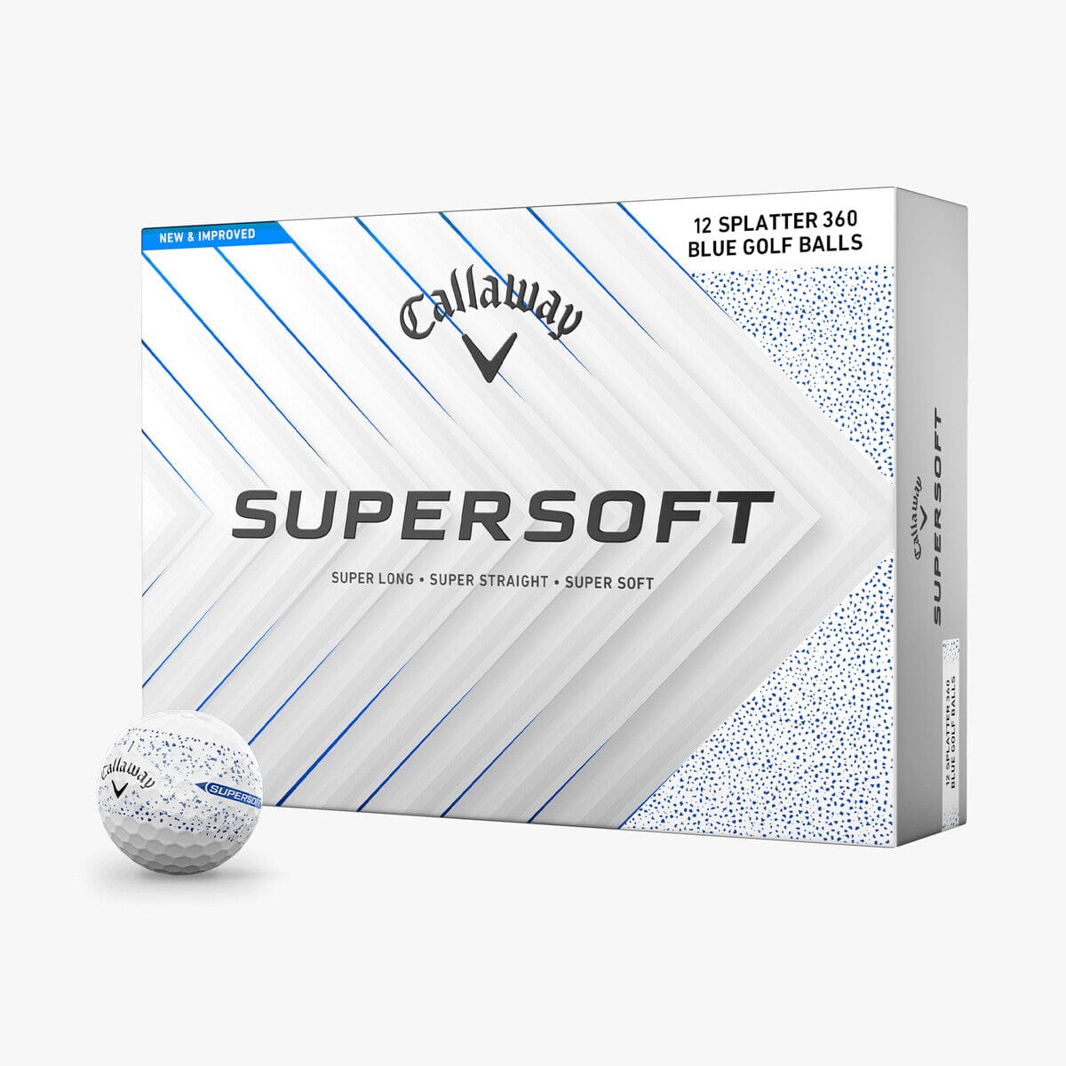 Callaway Supersoft Splatter 360 Golfball-Set, 12 blaue Bälle, weiße Verpackung mit blauen Linien und Schriftzug.