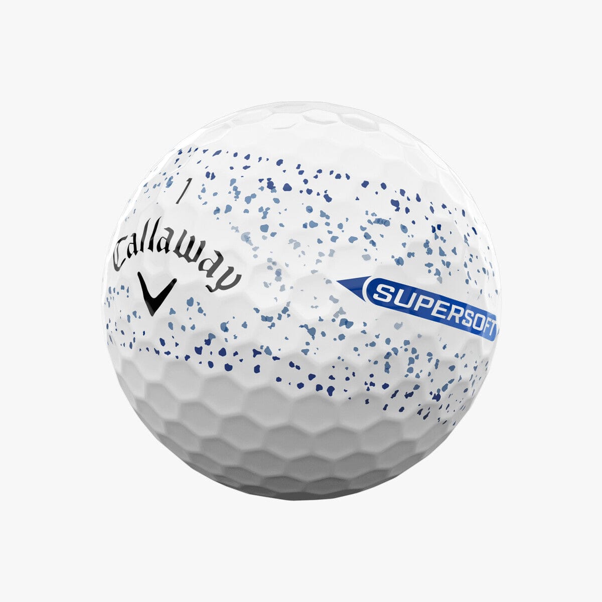 Weißer Callaway Supersoft Splatter 360 Golfball mit blauen Farbspritzern und Logo.