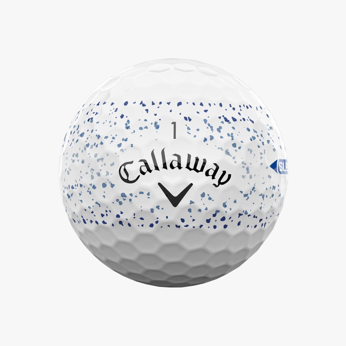 Weißer Callaway Supersoft Splatter 360 Golfball mit blauen Sprenkeln, Nahaufnahme.