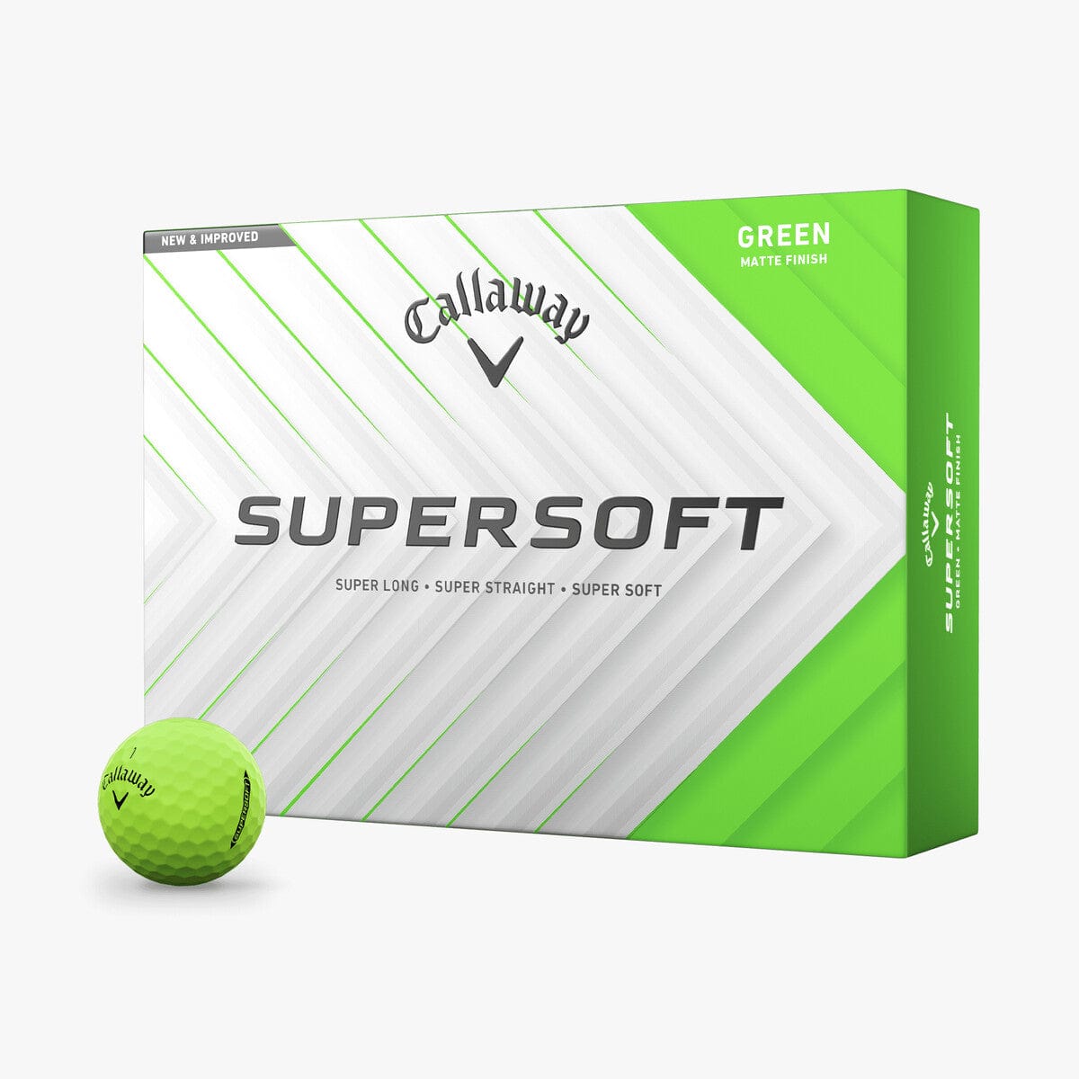 Callaway Supersoft Matte Golfbälle in Grün mit Textur, 12er Pack im weißen und grünen Karton.
