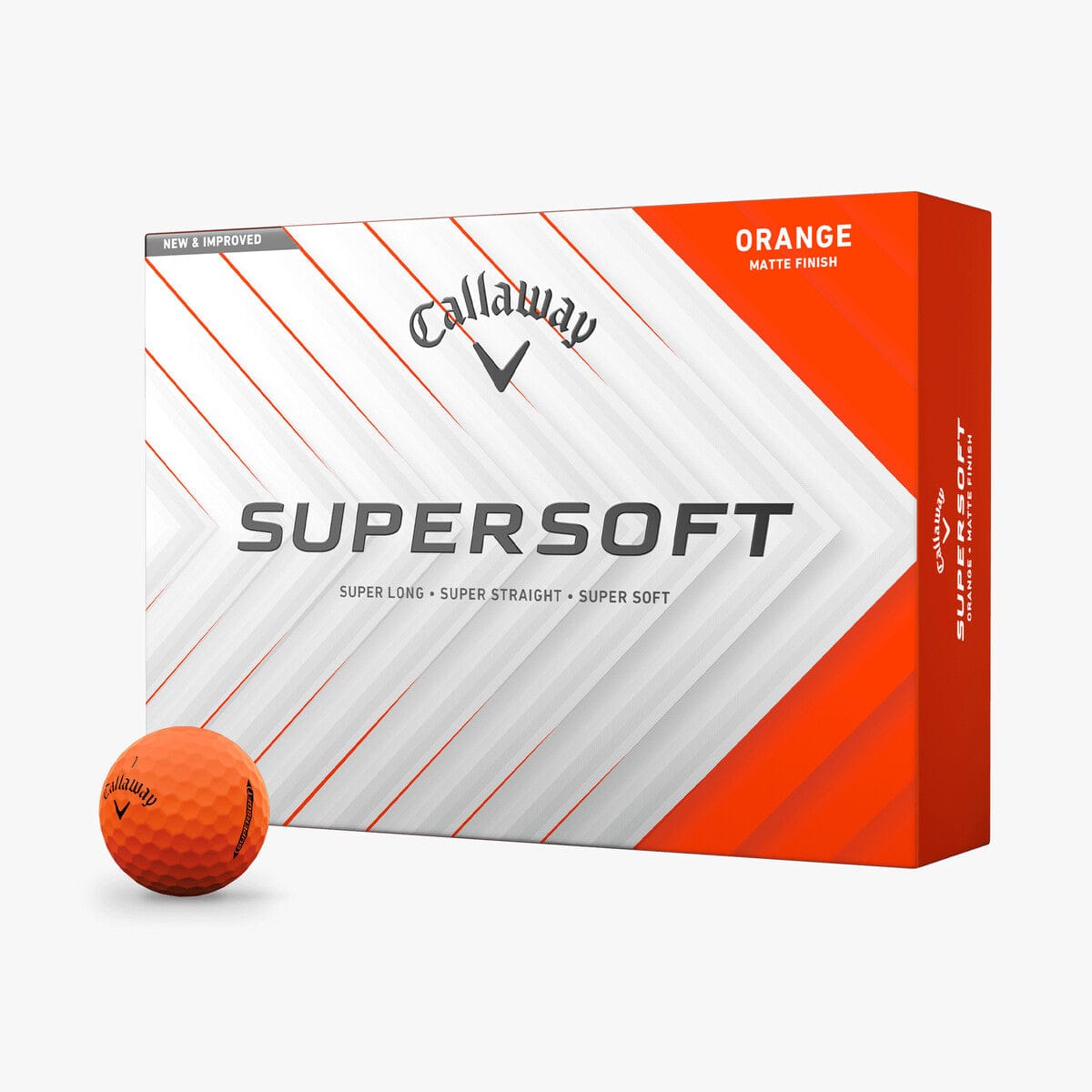 Callaway Supersoft Matte Golfbälle in leuchtendem Orange, 12er Pack mit weißer und oranger Verpackung.