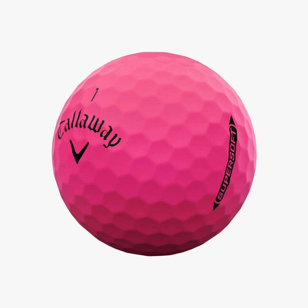 Pinkfarbener Callaway Supersoft Matte Golfball mit schwarzer Logo- und Modellbeschriftung.